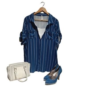French Twist Women's Front Button Top Blue Stripe Short Sleeve Plus Size 3X